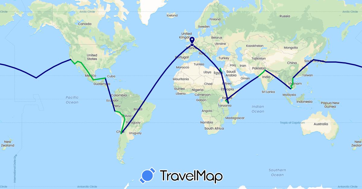 TravelMap itinerary: driving, bus in Bolivia, Chile, Egypt, France, India, Japan, Kenya, Cambodia, South Korea, Laos, Mexico, Peru, United States, Vietnam (Africa, Asia, Europe, North America, South America)